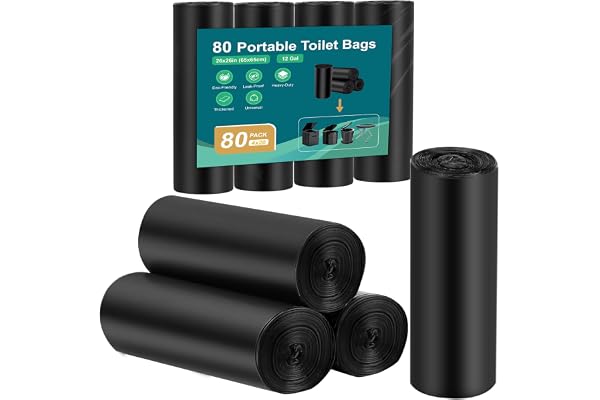 WADEO 80 st toalettpåsar svart, camping toalettpåsar 50L, bärbara toalett tillbehör avfallspåsar extra tjocka (0,03 mm) - perfekt för camping, vandring, resor