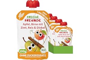 FRECHE FREUNDE Bio Quetschie Apfel, Birne mit Zimt, Reis & Dinkel, Fruchtmus mit Getreide im Quetschbeutel für Babys ab dem 6. Monat, vegan, 6er Pack (6 x 100g)