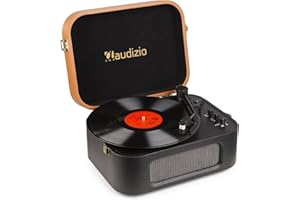 Audizio RP315 Retro Vinyl Record Player Turntable with Built-in Speakers, Audio Technica Cartridge, Bluetooth, Wood in Black/Brown PU Leather Finish Suitcase Design