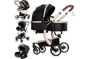 Reenborn Pelle PU Passeggino Trio, Passeggino 3 in 1 con Due Modi Reversibili Spingere, Trio Neonati con Design Pieghevole in Un Clic, Telaio Alluminio Paesaggistico Alto (518 Black)