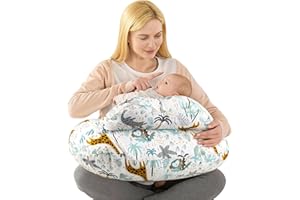 Labtec Cuscino per allattamento al seno, multifunzionale, con cinghia regolabile in vita e recinzione di sicurezza, 100% cotone, federa rimovibile, motivo zoo