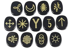 Amogeeli 13 Pièces Naturelle Obsidienne Pierres Guérison avec Symboles de Gitan Cristaux de Runes pour Divination, Méditation, Décoration de la Maison