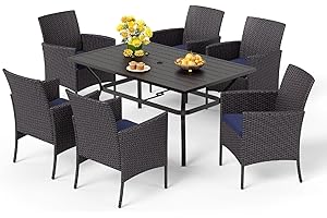 MFSTUDIO 7 Piece Patio Dining Set Including 6 Rattan Chairs with Cushions and 150cm Rectangular Metal Slat Table,4cm Umbrella Hole,Outdoor Furniture Set for Garden,Patio,Balcony