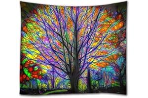 A.Monamour Tapices Pintura Brillante Imagen Colorido Árbol Forestal con Aves Psicodélico Bohemio Hippie Tela De Poliéster Pancartas Tapicería Cortina De Ventana Decoraciones Artísticas 180x230cm