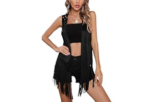 ENSSWLIZ Women Tassel Vest 70s Hippie Costume Sleeveless Rivet Fringe Open Front Faux Suede Waistcoat Jacket Western Hippie Long Cardigan