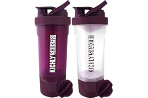 KICHLY 2 Pack Shaker Proteines avec Boule Mélangeuse (700ml, 24Oz) et Récipient de Stockage des Suppléments - Partenaire de Fitness Parfait (Prune et clair)