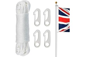 NQ Flag Pole Rope with Flag Pole Clip, 50FT/ 15M Nylon Flag Rope with 4 Pcs Clip Hooks, Flag Halyard Kit, Nylon Cord for Outdoor, Camping, Swing, Clothesline, Garden(White)
