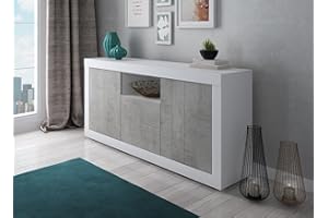 Dmora Credenza moderna a 2 ante, Buffet da cucina, Madia con scaffali, Mobile da soggiorno Porta TV, cm 185x44h86, colore Bianco e Cemento