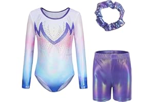 Kiscorpse Gymnastics Leotards for Girls Long Sleeve/Sleeveless Rainbow Gradient Sparkle Ballet Dance Gymnastics Athletic Outfit for Kids 5-12 Years