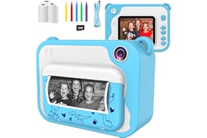 Ushining Appareil Photo à Impression Instantanée pour Enfants, HD 1080p Caméra Numérique Caméscope Photo Vidéo pour Filles Garçons de 3 à 12 Ans, Appareil Photo Enfants (32G Carte Incluse) - Bleu