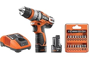 AEG - Perceuse visseuse 12 Volts avec mandrin amovible, 32Nm, livrée avec 2 batteries 2Ah, chargeur, saccoche de transport et un coffret de 17 accessoires de vissage - BBS12C2-202BKIT1