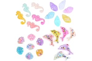 ZHIHENG 24 Pack Multi Glitter Ocean Animals Seashells Conch Dolphin Seahorse Charms Slices Resin Beads Flatback Buttons for Craft Making Miniature Fairy Garden Accessories Scrapbooking Phone Case DIY