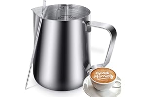 HOFASON Milk Frothing Jug, Milk Frothing Pitcher Pouring Jug Espresso Cup with Measurement Inside 350ml/12OZ Stainless Steel Creamer Cup with Latte Art Pen for Making Coffee Cappuccino Hot Chocolate Machine