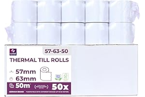 LYNNE PAYMENT SOLUTIONS Lot de 50 rouleaux thermiques 57 mm x 63 mm x 12 mm - Pour caisse enregistreuse avec imprimante de tickets - Papier thermique pour système de caisse - Sans BPA - 57-58 x 63 x 12 mm