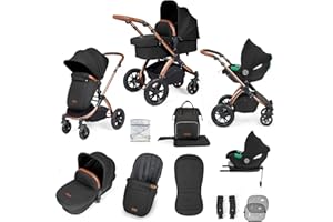Ickle Bubba Stomp Luxe 12pc Travel System with i-Size Cirrus Car Seat & ISOFIX Base - All-Terrain Pram, Reversible Seat, Carrycot, UPF 50+ Hood, Rain Cover & Accessories (Bronze/Midnight/Tan)