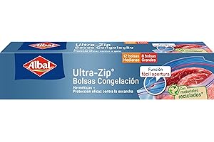 Albal Bolsas congelación herméticas Ultra-Zip - Bolsas zip reutilizables, doble cierre, aptas para congelador -40-90°C y lavavajillas, 8 unidades de 3L y 12 de 1L, 70% material reciclado, sin BPA