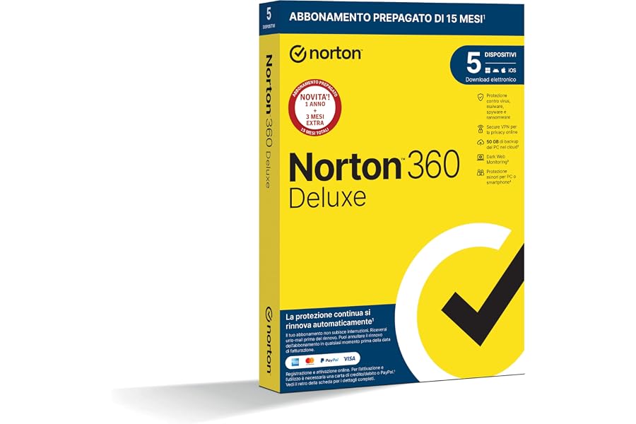 Symantec Norton 360 Deluxe 2020 - Antivirus Software per 5 Dispositivi con Rinnovo Automatico, Licenza di 15 mesi, Secure VPN