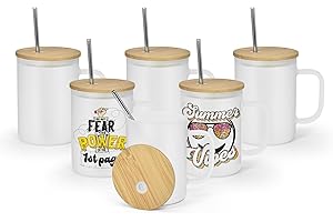 AGH Sublimationsglas-Rohlinge mit Bambusdeckel und Metallstrohhalm, 473 ml, mattierte Sublimations-Bierdose mit Griff, Sublimationsglasbecher, Sublimationsglasbecher, 6 Stück