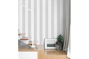 VANISA Papel pintado autoadhesivo blanco y gris, 37 x 1000 cm, lámina decorativa a rayas para muebles, resistente al agua, vinilo para pared, puerta y muebles