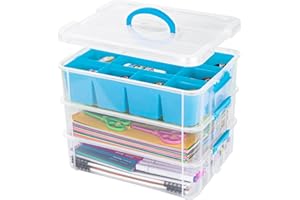 Creahaus 3 Layer Plastic Stackable Storage Boxes with Lid & Removable Tray,Storage Containers Multipurpose Portable Clear Organizer Carry Box for Organizing Art Craft,Sewing, Bead, Tool (Blue