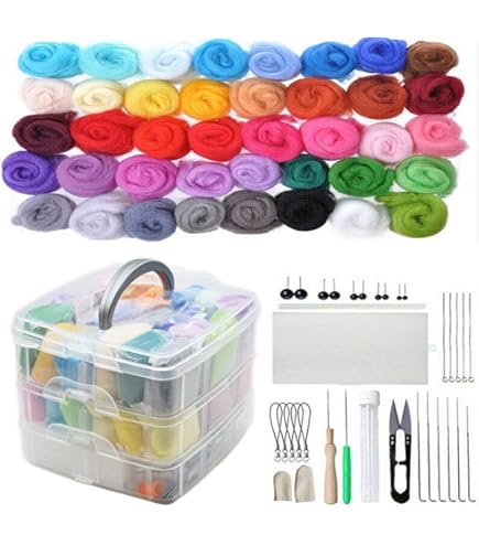Il miglior kit di infeltrimento per aghi di The Felt Box. Incluso: migliore lana per principianti,battiti cardati, tappetino in schiuma ad alta densità (50 colori, 500 g in totale