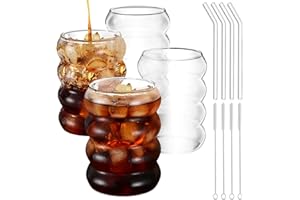 Maxentico 4 stück Latte Macchiato Gläser 350ml, Teegläser Glas Cappuccino, Kaffeegläser, Kaffeeglas, Eiskaffee Gläser, Kaffeebecher aus Borosilikatglas, mit Bürste und Strohhalm, Spiralförmig