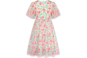 GRACE KARIN Robe Trapèze Décontractée pour Filles Manches Courtes à Volants Robe en Tulle Floral