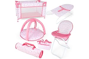 deAO Conjunto 6En1 Accesorios para Muñecas Plegable Y Transportable,Incluye Cuna,Trona,Mecedora Bebe,Bolsas De Cuidado,Bolsas De Viaje,Regalos para Niñas