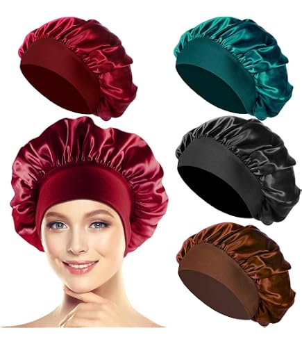 Bonnet En Satin 2 PCS - Bonnets Nuit Réglables Pour Cheveux Longs, Raides Ou Bouclés, Noir Et Rose