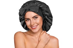 Umisleep 100% 22 Momme Gorro de Seda de Morera para Dormir, Gorro de Noche de Seda Suave de Doble Capa para Cabello Rizado, Transpirable, Correa Ancha Ajustable para Sujetar a la Cabeza, Negro