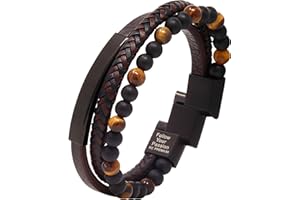 KC Premium Männer Armband Echt-Leder mit Tigerauge Perlen | Handgemacht mit inspirierender Gravur | Grössenverstellbar mit Magnetverschluss aus Edelstahl | Schwarz Braun mit Geschenk Schmuckbox Herren
