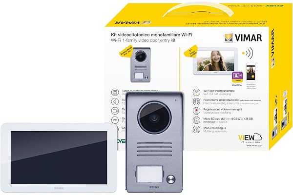 Vimar K40945 Kit vidéophone intelligent monofamilial avec écran tactile mains libres WiFi, plaque audiovidéo 1 bouton avec cadre anti-pluie, 1 bloc d'alimentation multiprise