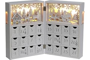 PE Christmas Wooden Advent Calendar Book with Drawers and LED, Reusable Christmas Countdown Wooden Advent Calendar with Village Forest Reindeer Scene (White&Gold)