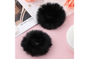 Lusofie 2Pcs Black Shaggy Pom Pom Hair Scrunchies Fuzzy Hair Ties Artificial Rabbit Fur Hair Bobbles Hair Bands Black Plushy Ponytail Holders for Girl Women
