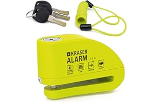 KRASER KR6Y Motorcycle Disc Lock Alarm 110dB, Reinforced Waterproof, +Dissuasive, 5ft Reminder Cable, Carry Pouch, 6mm Universal Anti Theft Wheel Brake Lock for Scooter, Bicycle, Electric Bike