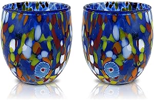 MAZZEGA ART & DESIGN - 2 Verres à Eau Goto, Soufflé et Fait Main avec Murrine de Murano Raffinée et Originale - Les Couleurs de Murano - Modèle Classique 320 ml. Fabriqué en Italie