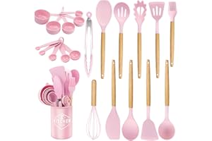 KAWAOLOGY Utensili da cucina in silicone 12 pezzi, set di utensili da cucina per pentole antiaderenti, al calore e antiaderenti con manico in legno per utensili senza BPA (Rosa)