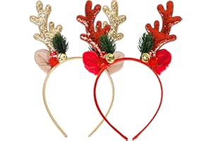 CWWYQ 2 Pcs Christmas Reindeer Headband, Sequins Antlers Xmas Headbands, Cute Xmas Hair Hoops with Ears, Plush Ears Bell Antler for Kids Women Girls Christmas Party Headwear Hair Band Decoration Accessories