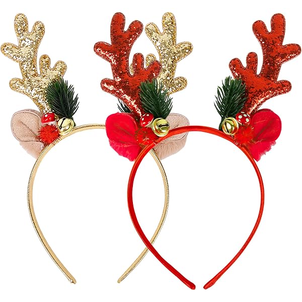 Weihnachtskopfschmuck Rot Gold Weihnachten Haarreif Set – 2 Rentiere-Geweih Kopfschmuck + 4 Haarspangen, Rot & Gold, Für Kinder & Erwachsene, Partyzubehör & Deko