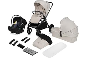 LIONELO MIKA PLUS 3 en 1 Silla de Paseo Bebe 0-48 meses a 22 kg Capazo hasta 9 kg Silla de Coche Portabebés hasta 13 kg, Respaldo Ajustable, Suspensión, Ruedas 360° Capota XXL Carrito de Bebe (Beige)
