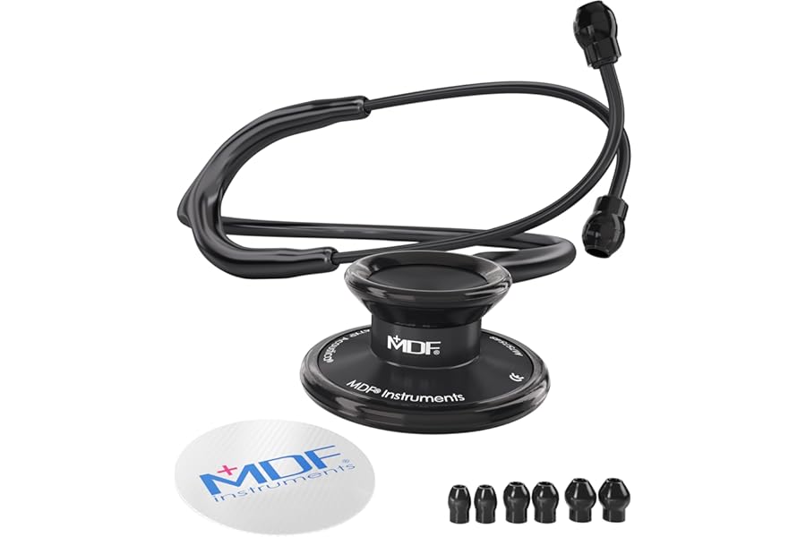 MDF Instruments, Acoustica Lightweight Stethoscope for Doctors, Nurses, Students, Home Health Use, Adult, Dual Head, Black Tube, Black Chestpiece-Headset, MDF747XPBO