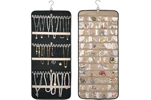 MVQPER Double Sided Hanging Jewelry Organizer with 48 Pockets and 3 Wave-Shaped Hooks,Wardrobe Jewellery Storage Door Hanger Storage Holder for Earrings Necklaces Rings Bracelets on Closet,Wall,Door,Black