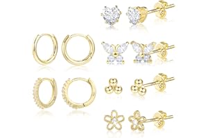 ASH'S CHOICE 6 Paires Lot Boucles d'Oreilles en Or Argent 925, Boucles d'Oreilles Créoles avec de Clous en Diamant Petit, Hypoallergénique CZ Cartilage Boucles d'Oreilles Clous d'oreilles pour Femmes Filles