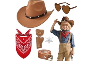 SAIER TBO 6 Pièces Cowboy Costume Accessoires Set pour Enfants, Western Cowboy Déguisement Kit avec Chapeau Bandana Lunettes de Soleil Badge Étui Ceinture pour Filles Garçons Halloween Carnaval Fêtes