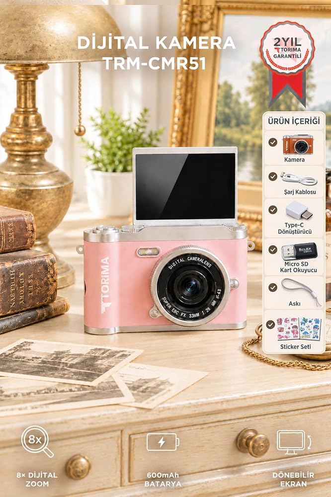 Mini Dijital Retro Kamera CMR51 Pembe Flip Ekranlı Selfie Video Vlog Kamerası
