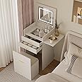 YOURLITE Dressing Table with Flip-top Mirror and LED Lights, Integrated Makeup Table for Small Spaces, Compact Small Vanity Desk Set with Fold-up Panel, Cushioned Storage Stool for Bedroom, White