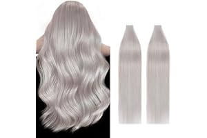 Silk-co 18" Grey Tape in Hair Extensions Human Hair Remy Real Hair Silky Soft Seamless Straight -Skin Weft- 40 Pcs, 100 gram/Set #Grey