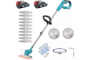 SQUAELTIRS 18 V Battery Grass Trimmer, with 2 x 3.0 Ah Batteries and Charger, 10 x Metal Blade, 2 x Circular Saw Blades, 90° Rotatable, Adjustable Telescopic Guide Bar and Additional Handle, for Lawn Care