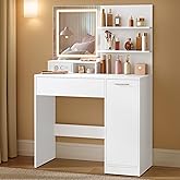 VASAGLE Dressing Table with Mirror, 1 Drawer, Cabinet | 2 Adjustable Shelves, 2 Open Shelves, Modern Style, Cloud White, Cust