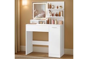 ‎VASAGLE VASAGLE Kailyn Kollektion - Schminktisch, Frisiertisch mit LED-Spiegel und Steckdosenleiste, Kosmetiktisch, Schublade und offene Ablagen, Schrank mit 2 verstellbaren Ablagen, weiß RDT138W01